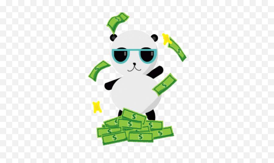 Cool panda wearing sunglasses surrounded by flying green money bills and a pile of cash.
