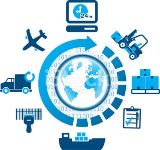 Global logistics and supply chain management icons surrounding a rotating Earth with 24/7 monitoring symbol.