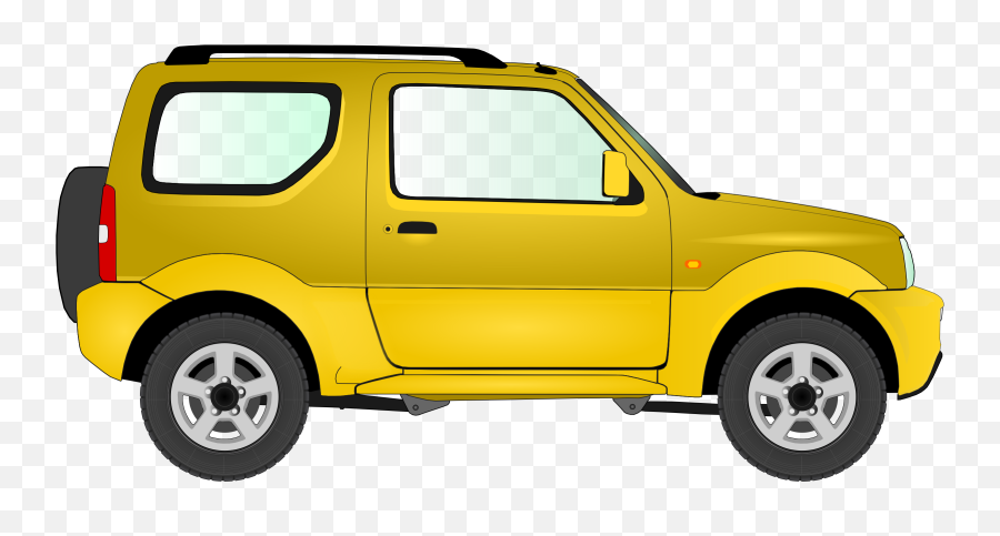Yellow compact SUV with roof rack and spare tire mounted on rear door, side profile view on transparent background.