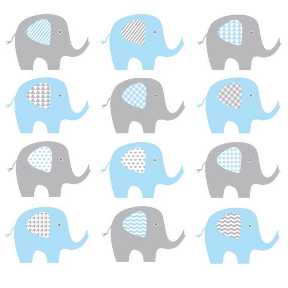 Twelve stylized baby elephants in light blue and gray with patterned ears-ideal for nursery decor or children’s printables.