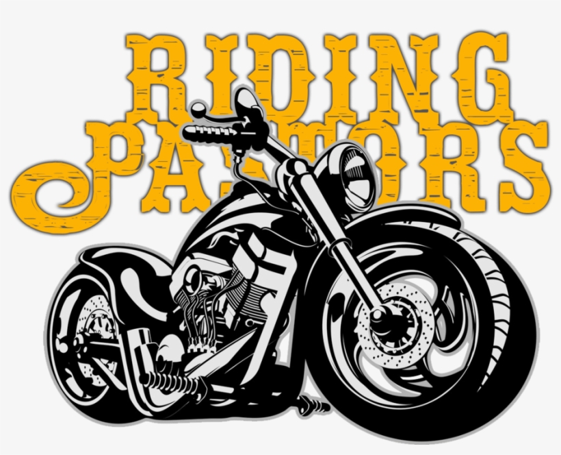 Black-and-white cruiser motorcycle with "Riding Pastors" in distressed yellow text above.