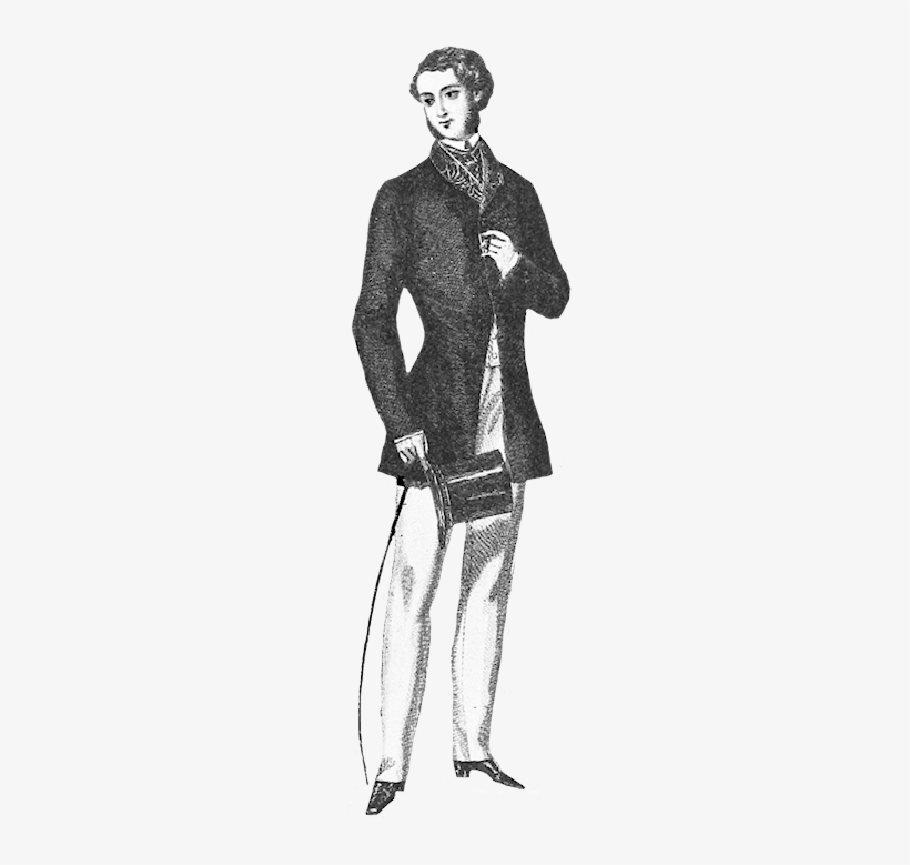 19th-century gentleman in formal attire with tailcoat, cravat, light trousers, and walking cane.