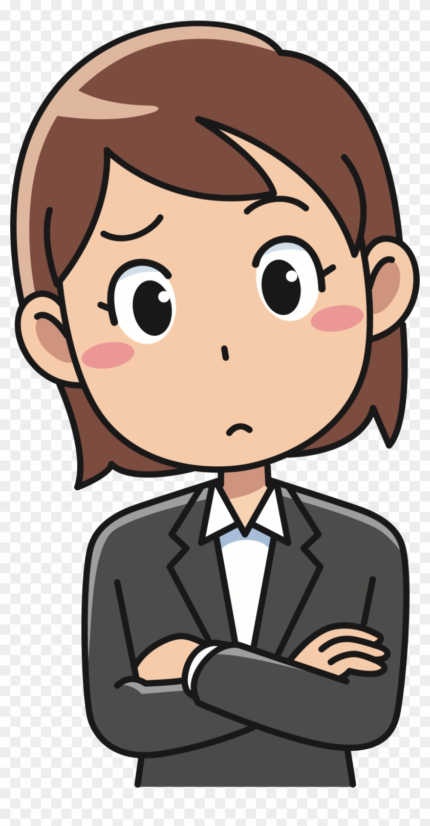 Concerned businesswoman with arms crossed, wearing a gray suit and white shirt, expression showing doubt or uncertainty.