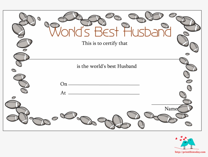 Printable "World's Best Husband" certificate with football-themed border and fill-in blanks.