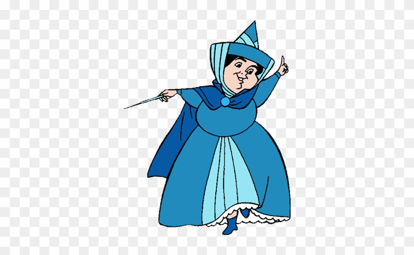 A cheerful blue-clad fairy godmother in a pointed hat, holding a wand and gesturing with her finger.