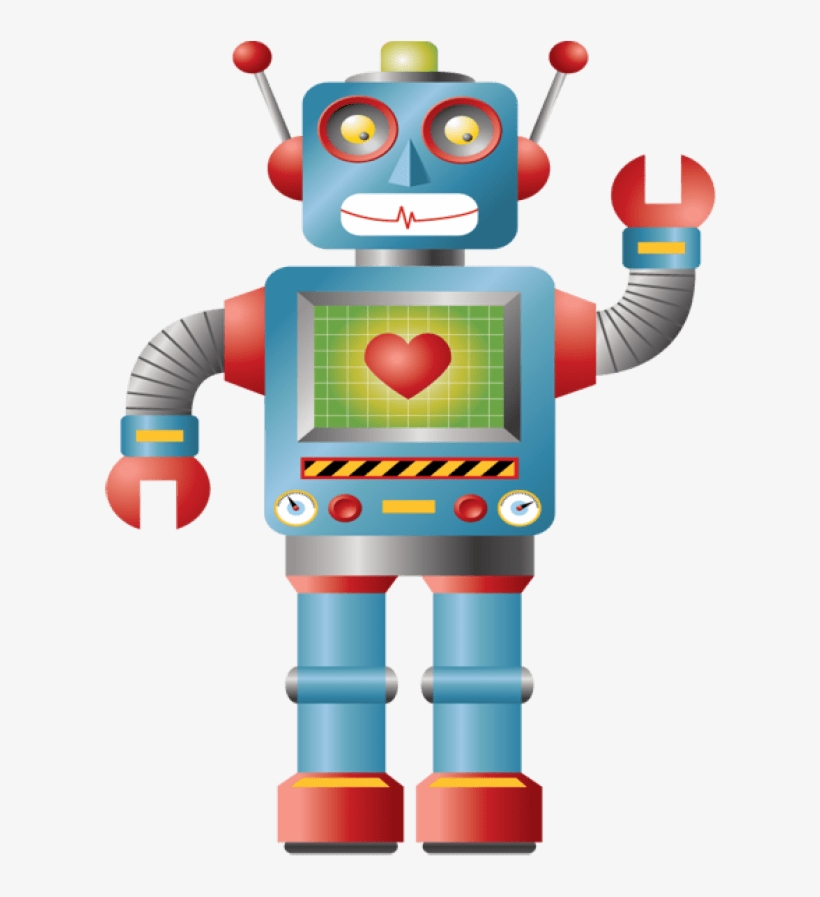 Friendly retro-style robot with heart display, waving one hand, blue and red body, antenna eyes.