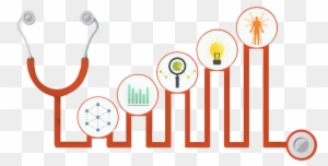 Stethoscope connected to a sequence of data and innovation icons representing healthcare analytics and digital health.
