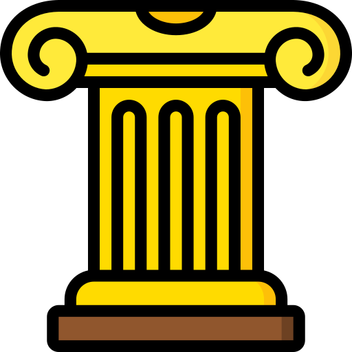 Golden Ionic column icon with volute capitals and fluted shaft on a brown base.