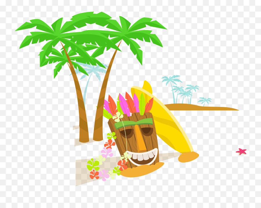 Tropical beach scene with palm trees, a tiki mask adorned with flowers, a yellow surfboard, and a starfish on sand.