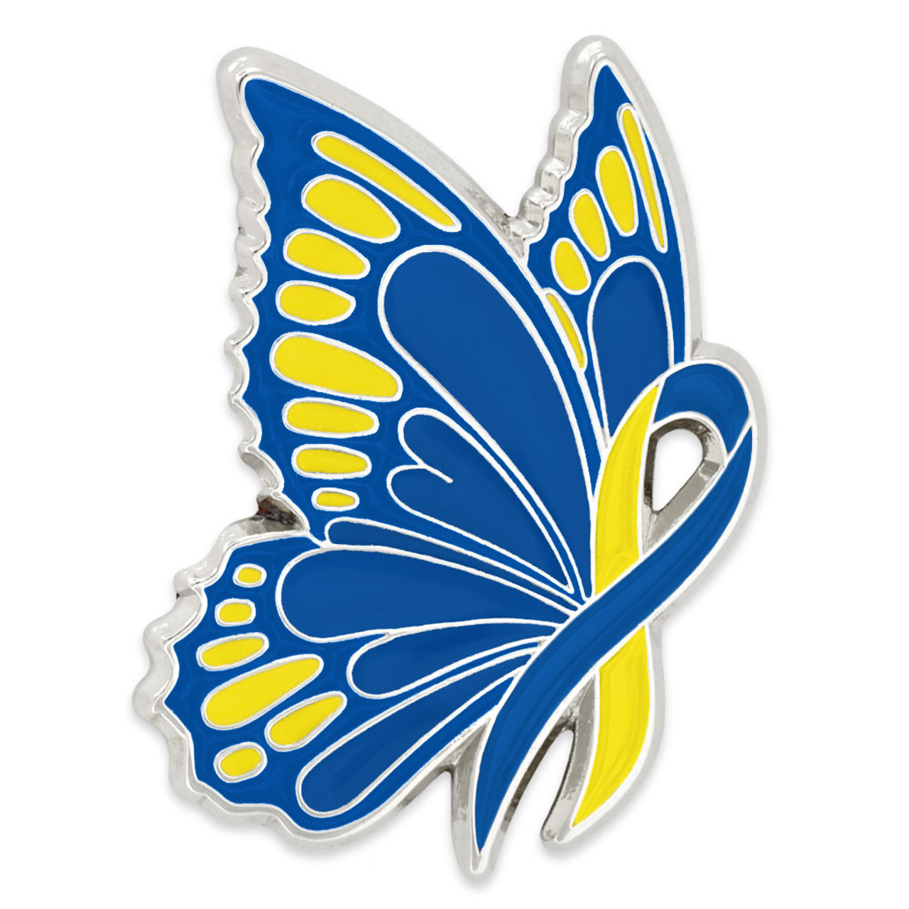 Blue and yellow enamel butterfly pin with awareness ribbon integrated into wing design, silver-plated edges.