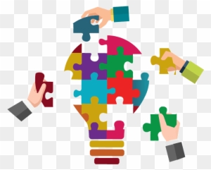 Hands assembling colorful puzzle pieces into a lightbulb shape, symbolizing collaborative problem-solving and innovation.