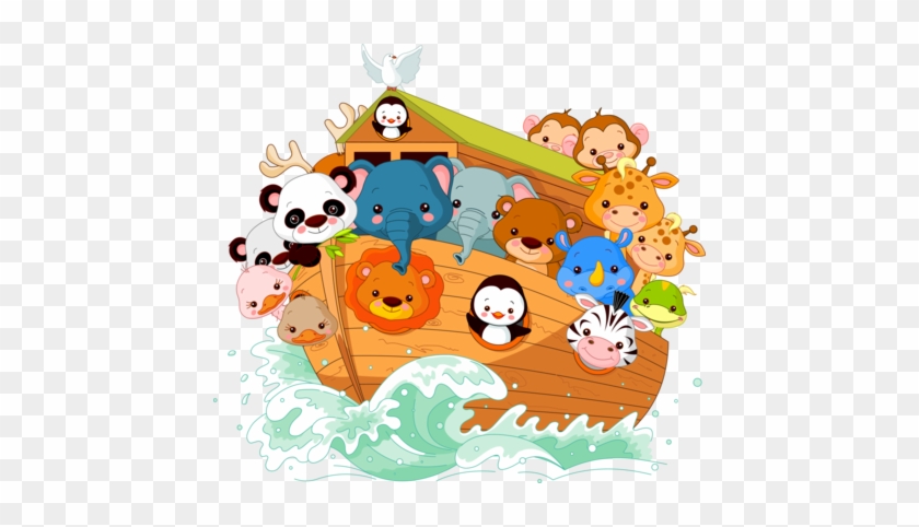 Cute cartoon animals aboard Noah’s Ark sailing through waves, including elephants, pandas, penguins, giraffes, and lions.