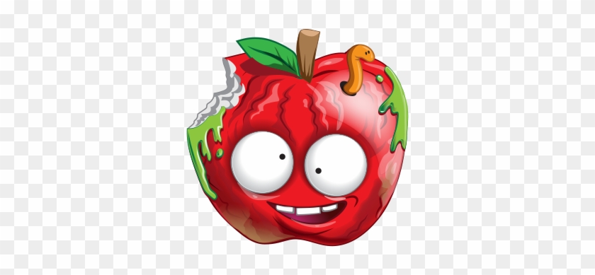 A cheerful cartoon red apple with a bite taken out, green slime dripping, and a smiling worm on top.