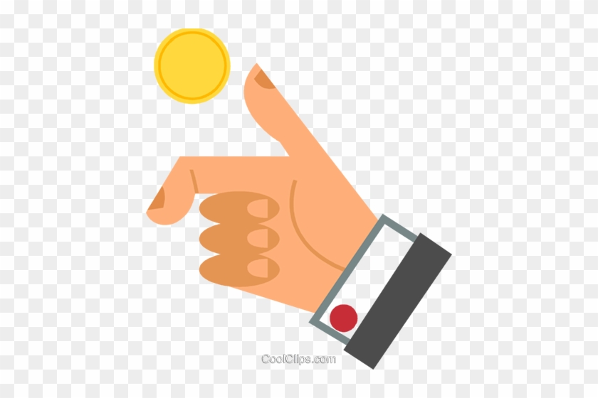 A cartoon hand flipping a golden coin, wearing a black wristwatch with a red button.
