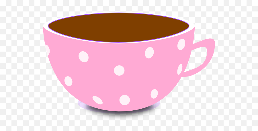 Pink polka-dot teacup filled with brown liquid, cartoon-style illustration on transparent background.