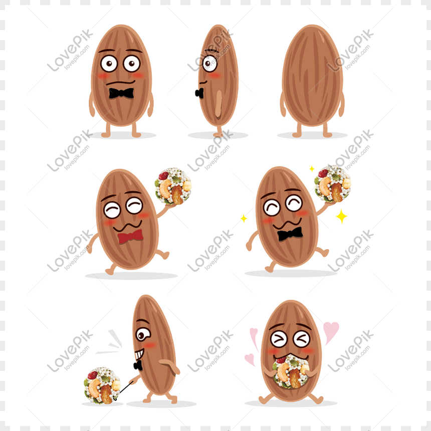 Cartoon almond characters in various expressive poses holding food, wearing bowties, blushing, and showing emotions.