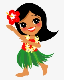 Smiling cartoon girl in traditional hula outfit with red flower in hair and lei, dancing joyfully.