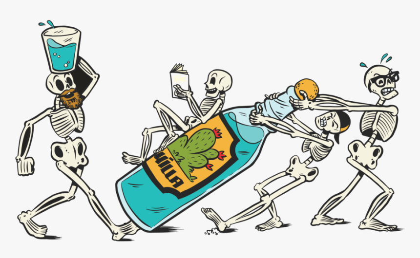 A cartoon illustration of five skeletons interacting with a giant tequila bottle labeled "MILLA" and drinking, reading, and struggling with it.