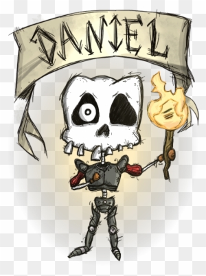 Cartoon skeleton named Daniel holding a flaming torch, wearing armor and a banner overhead.