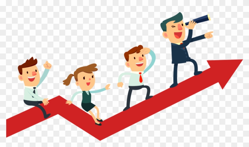 Four business professionals climbing a red upward arrow; leader uses binoculars, others celebrate progress.