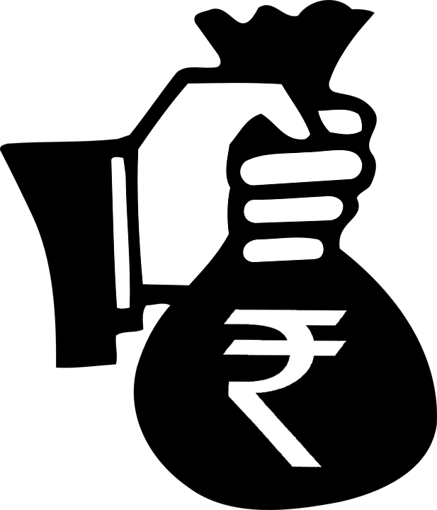 Hand holding a black money bag with Indian Rupee (₹) symbol, symbolizing finance or savings in India.