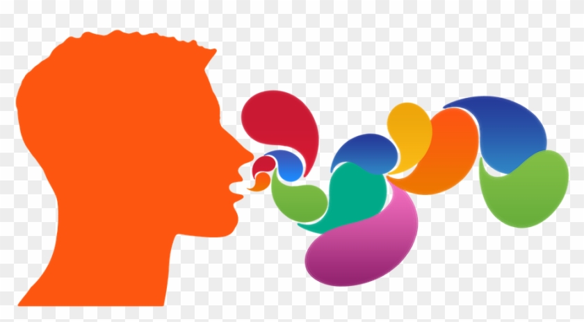 Orange silhouette of a person speaking with colorful speech bubbles representing diverse communication or ideas.