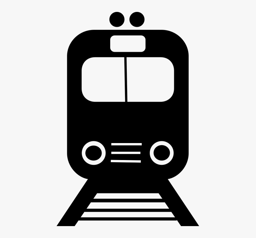 Black silhouette icon of a front-facing train on tracks with headlights and windows.