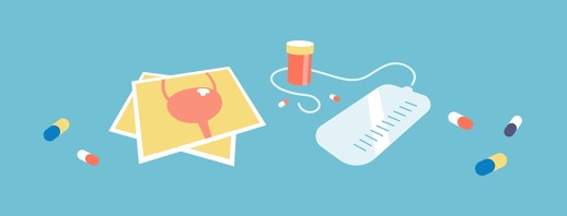 Illustration of medical items including pills, a pregnancy test, ultrasound images, and a pill bottle on a blue background.