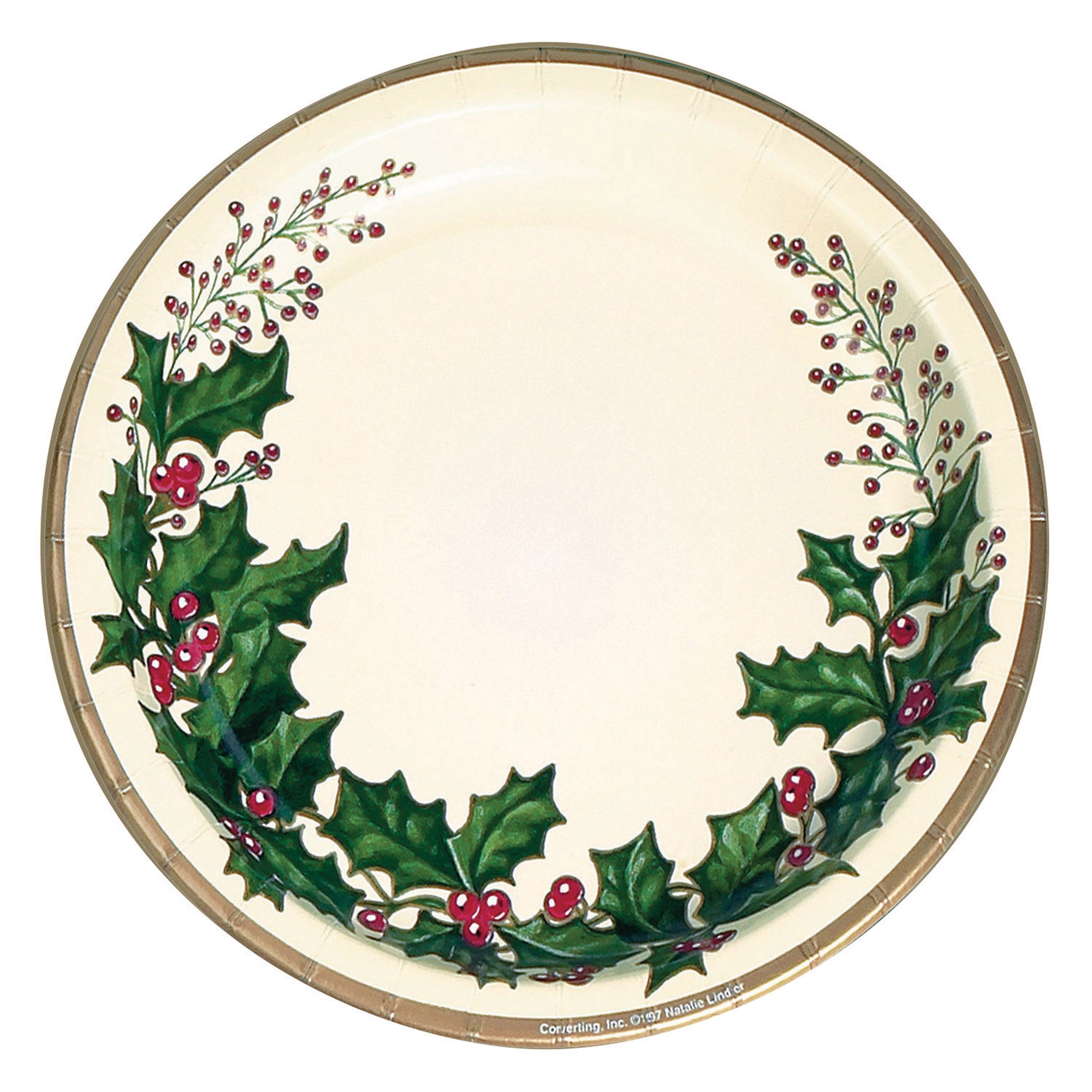 Cream-colored paper plate with festive holly and red berries border, gold rim, and ©1997 Natalie Lind design.