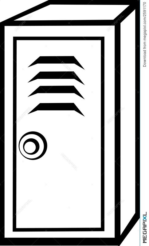 Black-and-white line drawing of a server rack cabinet with ventilation slots and circular lock.