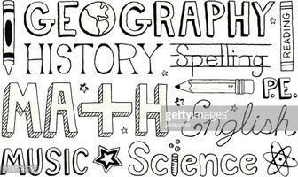 Hand-drawn sketch-style school subjects including Geography, History, Math, English, Science, Music, PE, and Spelling with pencils and stars.