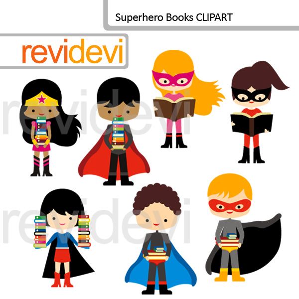 Seven diverse cartoon superhero kids reading books, wearing capes and masks in colorful flat design style.
