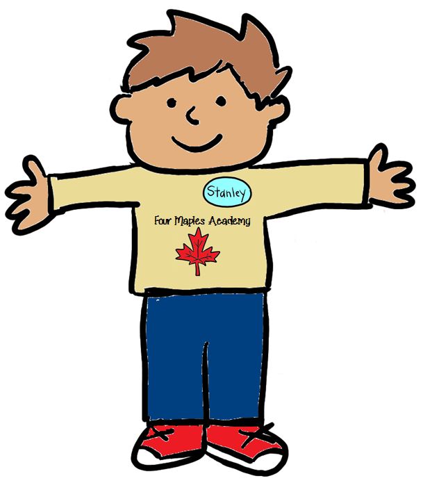 Smiling cartoon boy named Stanley wearing a "Four Maples Academy" shirt with a red maple leaf logo, arms outstretched.