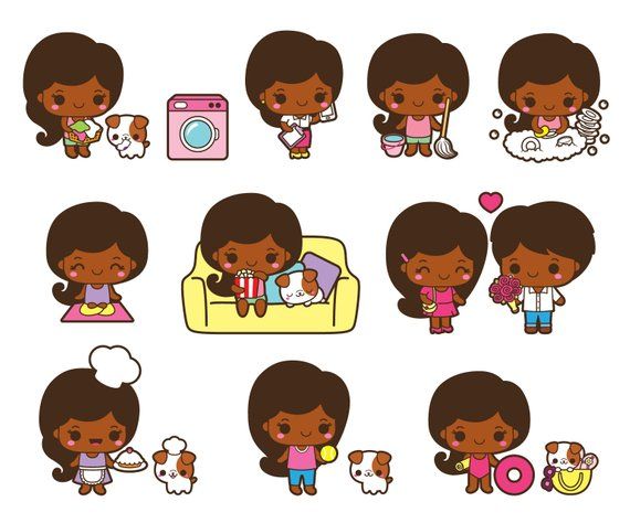 Chibi-style illustrations of a Black girl in daily life scenes: cooking, cleaning, relaxing with pet, bonding with partner, and playing.