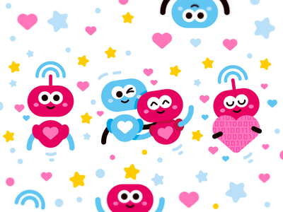 Cute pink and blue robot characters holding hearts, surrounded by stars and hearts on a white background.