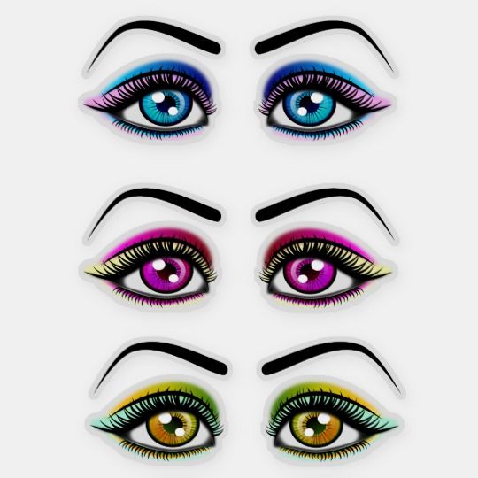 Three pairs of stylized, colorful cartoon eyes with dramatic makeup and expressive eyebrows.