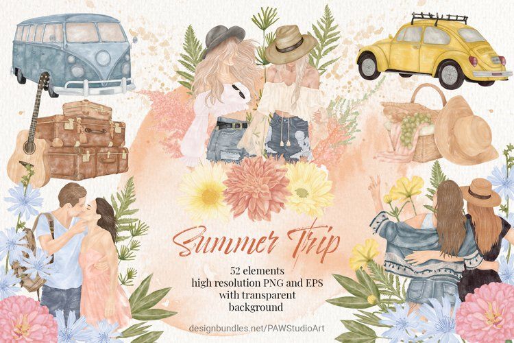 Watercolor illustration of summer travel theme with vintage vans, couples, flowers, luggage, and hats.