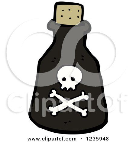 Black poison bottle with skull and crossbones label and cork stopper, cartoon style.