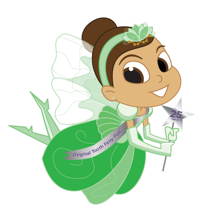 A cheerful green-clad tooth fairy doll with wings, holding a star wand and wearing a "25 Years" sash.