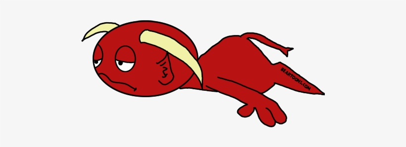 A red cartoon devil with yellow horns lying flat, looking tired or annoyed.