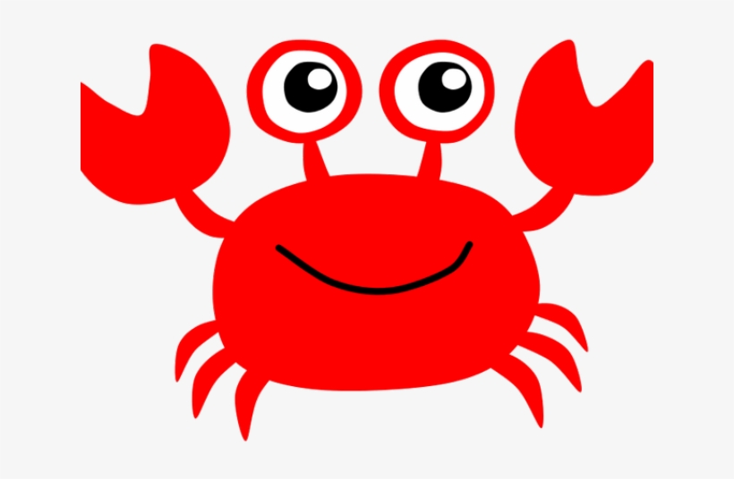 Cheerful red cartoon crab with big eyes and smiling face, waving claws.