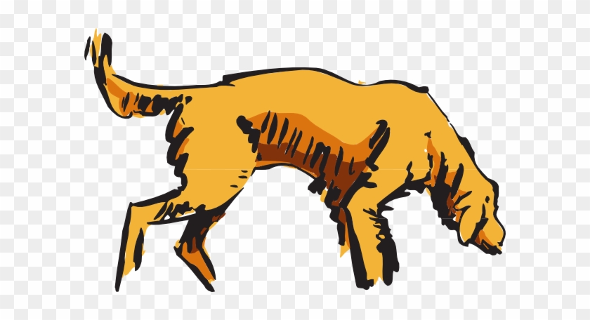 Stylized golden dog sniffing the ground, illustrated with bold black outlines and warm orange-brown tones on transparent background.