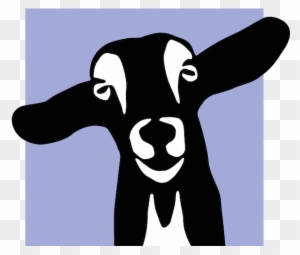 Black and white stylized goat head with raised arm, set against light purple background.