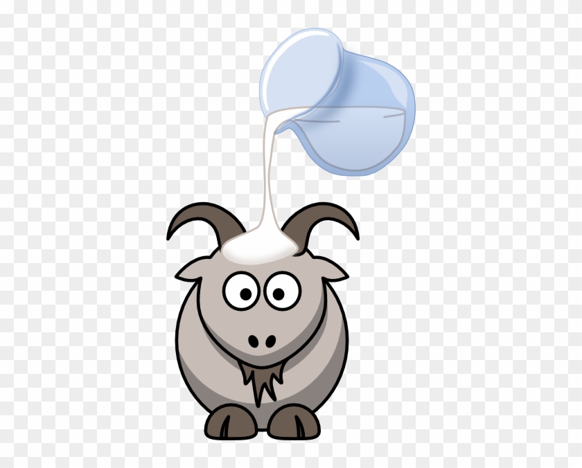 Cartoon goat with horns receiving milk poured from a glass jug onto its head.