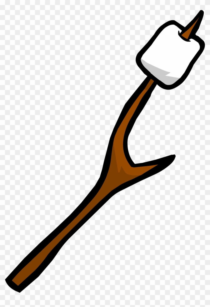 A cartoon-style marshmallow roasted on a Y-shaped wooden stick against a transparent background.