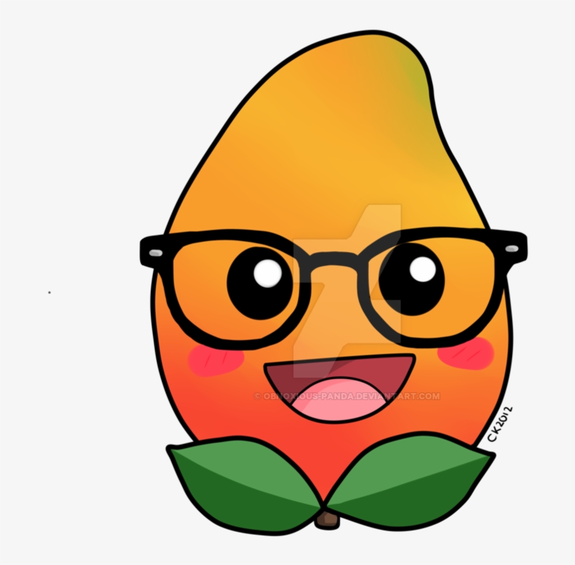 A cheerful cartoon mango wearing black-rimmed glasses, blushing cheeks, and a wide smile with green leaves at its base.