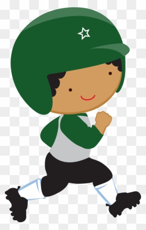 Cartoon boy in green baseball helmet and uniform running with a smile.