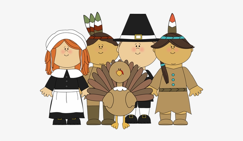 Cartoon illustration of Pilgrim and Native American children with a turkey, celebrating Thanksgiving.
