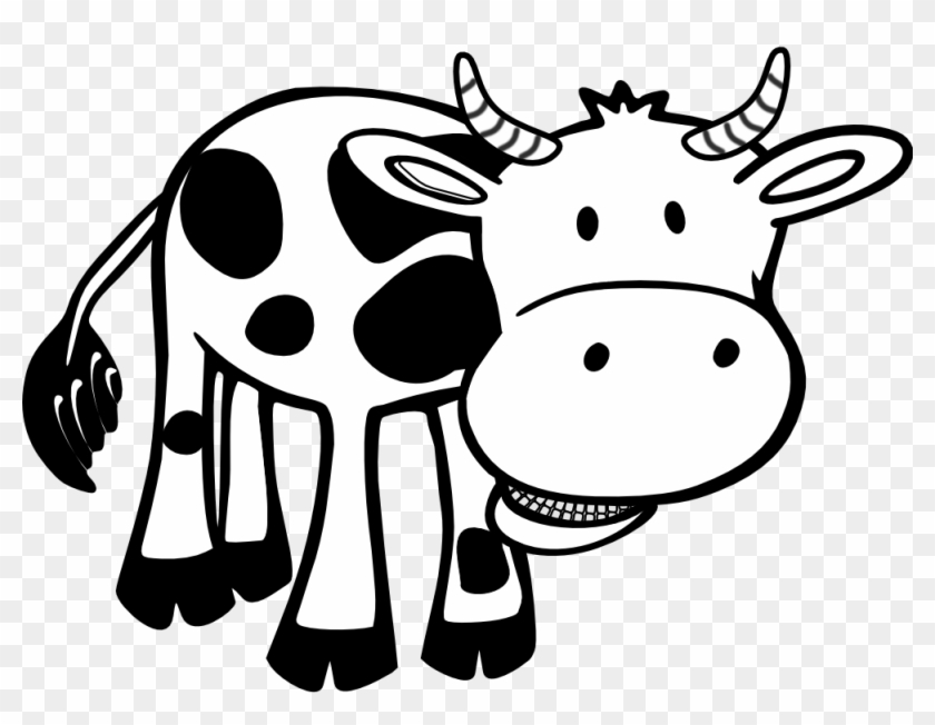 Black and white cartoon cow with spots, horns, and a friendly smile, standing on transparent background.