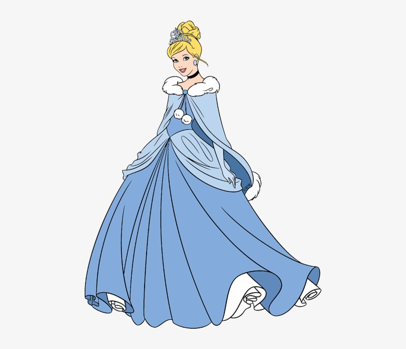 Cinderella in her iconic blue ball gown with fur-trimmed cape and tiara, smiling gracefully.
